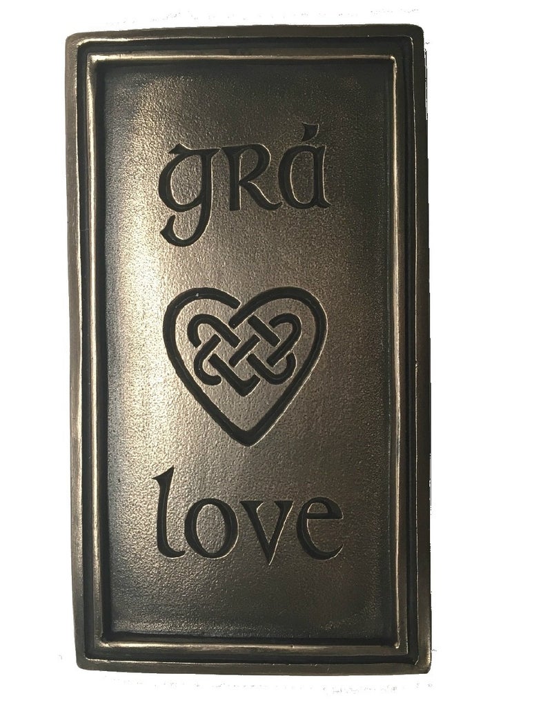 Biddy Murphy Wild Goose Studios Irish Plaque Love and Gra Celtic Heart Resin Cast Coated in Bronze 5 1/2 Inches Tall by 3 Inches Wide Wall Decor Ready To Hang Made in Ireland - Image 1